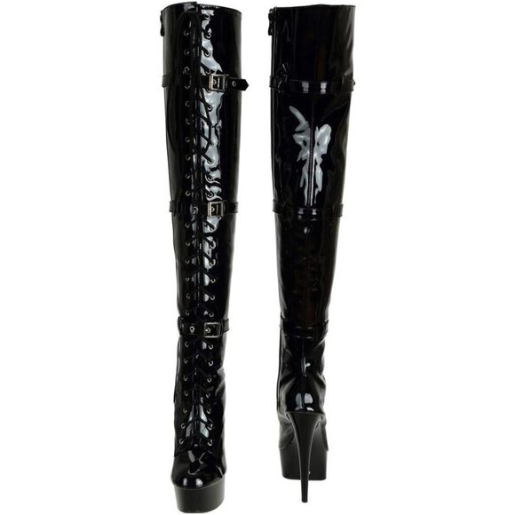 SheSole Women's Patent Leather Thigh High Heel Boots | Platform Zip Lace Up - Picture 2 of 9